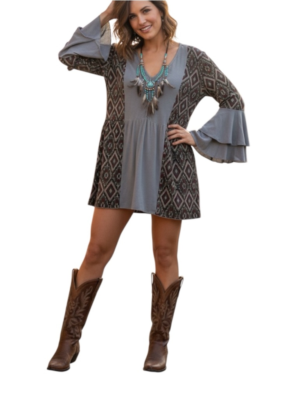 POL Southwest Print Tunic Mini Dress Blue Grey Size Small